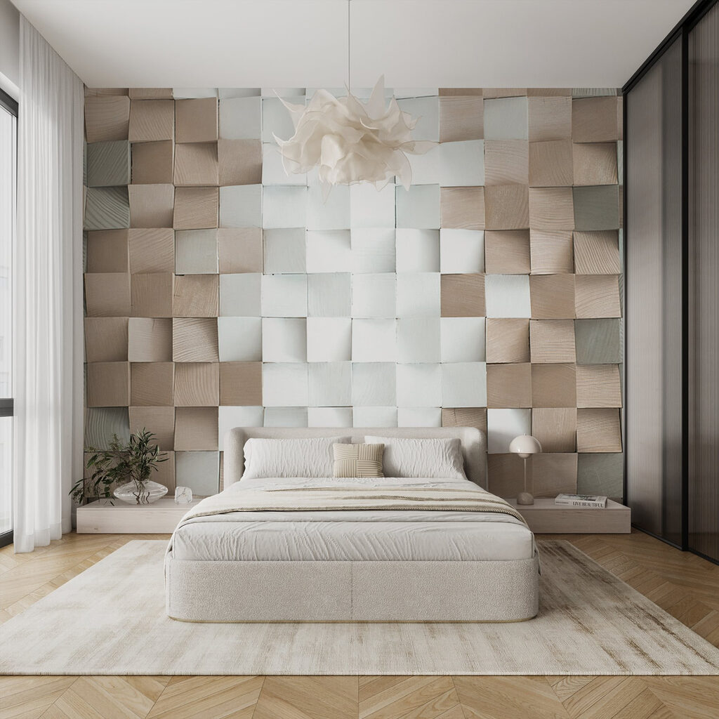 Wand aus gefalteten Quadraten in einem Interieur