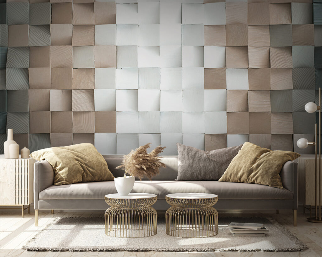 Wand aus gefalteten Quadraten in einem Interieur
