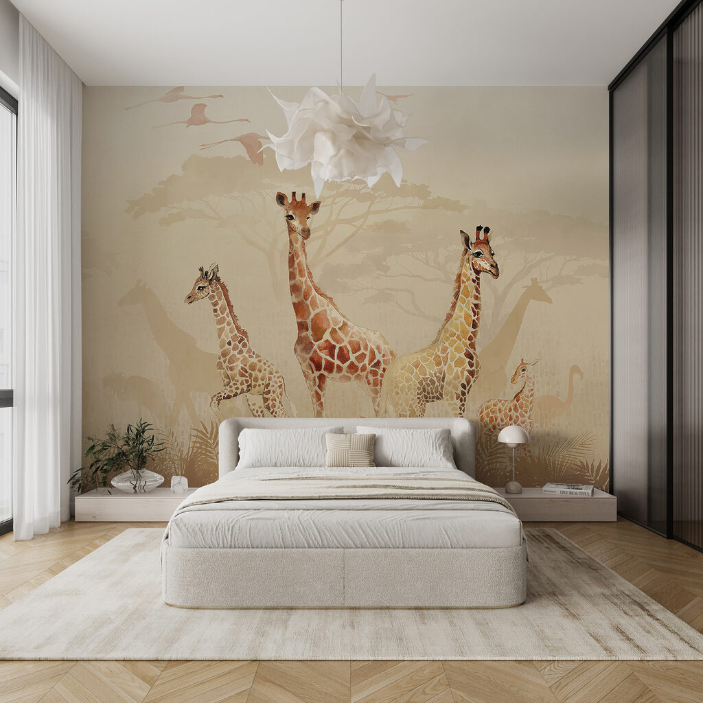 Giraffen im Morgennebel in einem Interieur