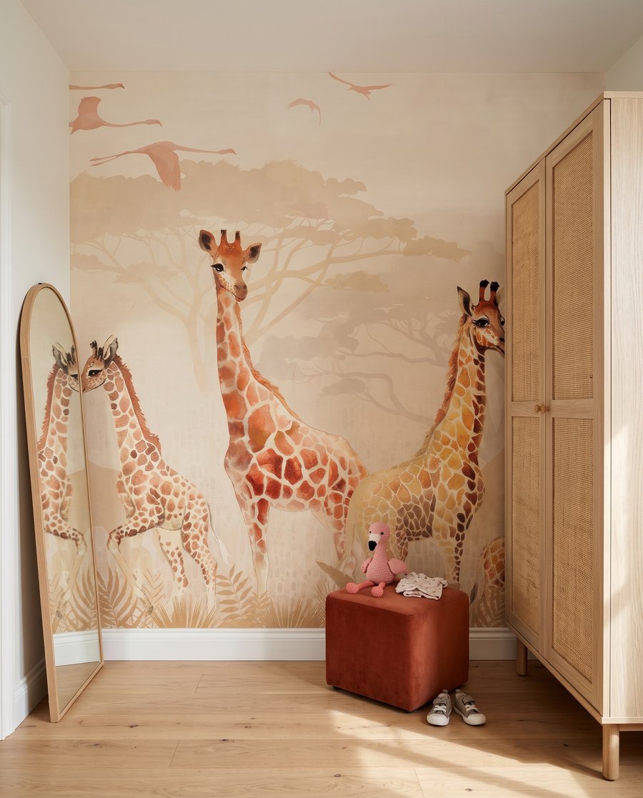 Giraffen im Morgennebel in einem Interieur
