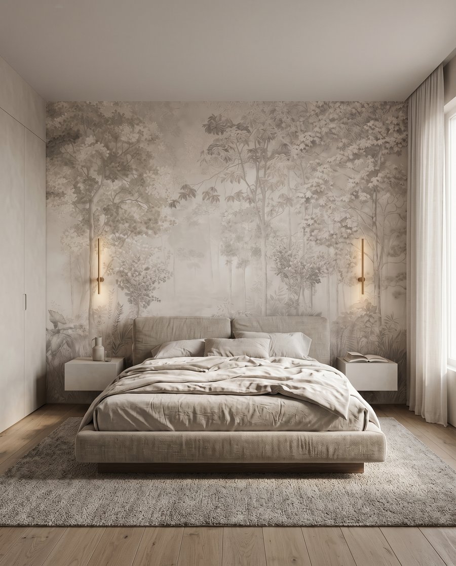Unter hohen Bäumen in einem Interieur