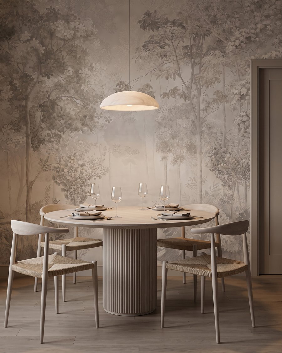 Unter hohen Bäumen in einem Interieur