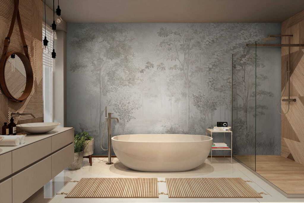 Unter hohen Bäumen in einem Interieur