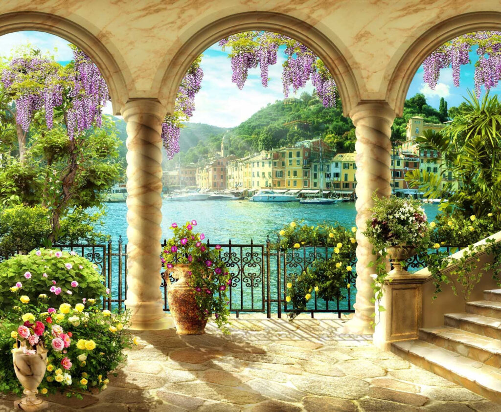 Blumenbalkon hinter goldenen Bögen — ganzes Design