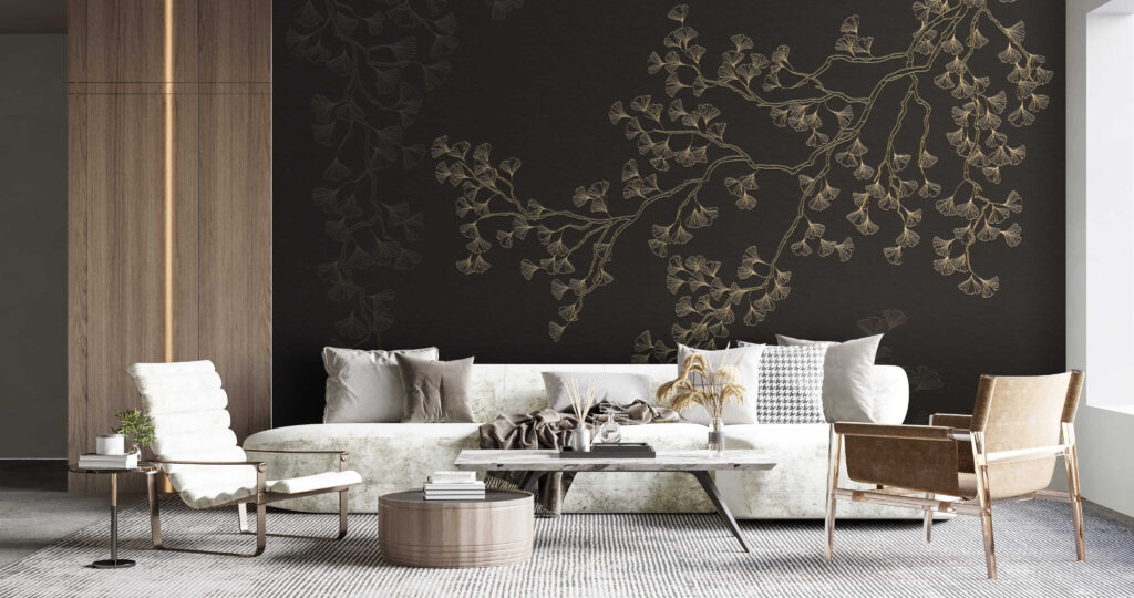 Goldene Zweige auf Braunschwarz in einem Interieur