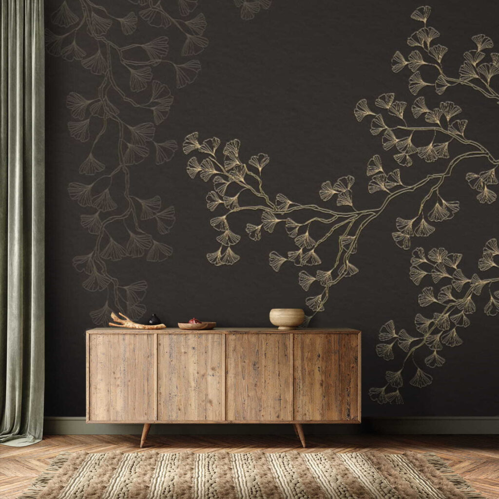 Goldene Zweige auf Braunschwarz in einem Interieur