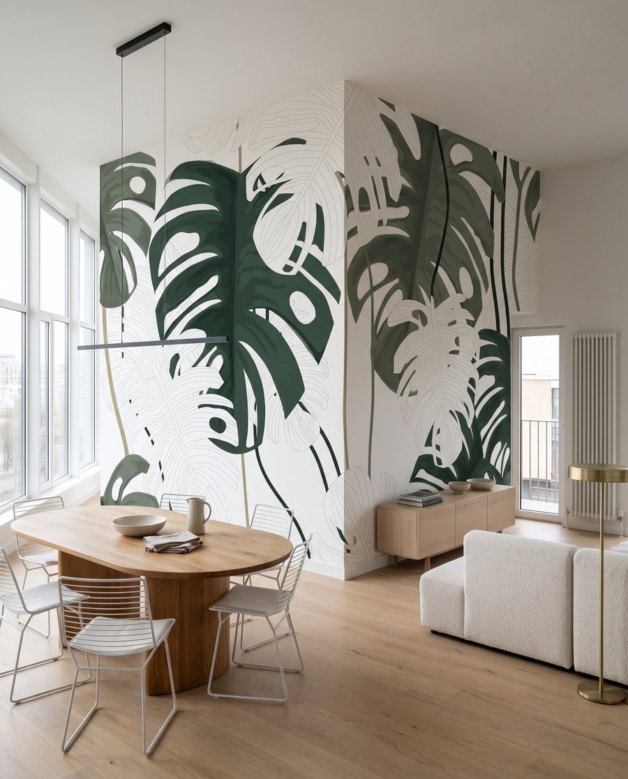 Grüne Blattadern auf Weiß in einem Interieur