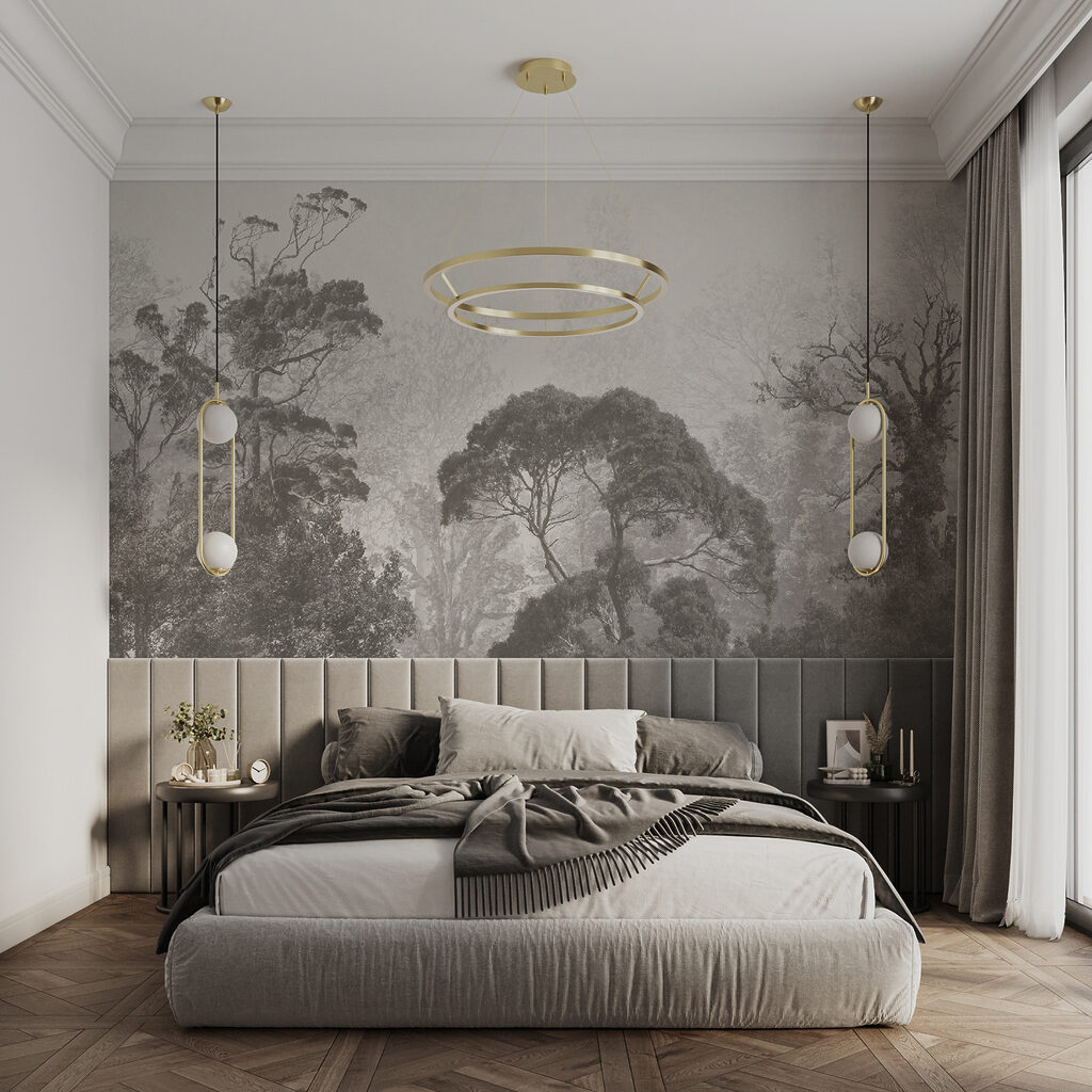 Ferne Bäume in Grau in einem Interieur