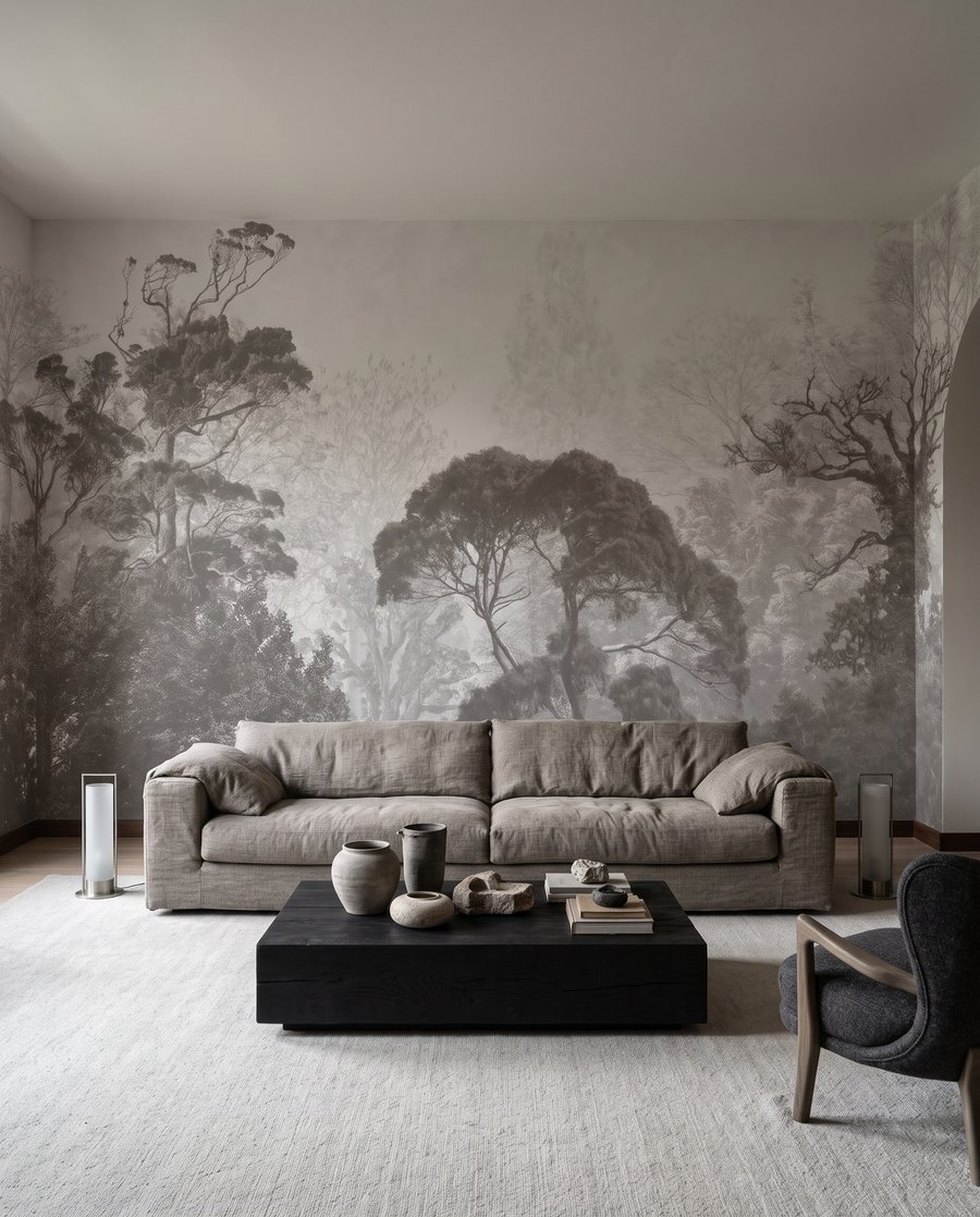 Ferne Bäume in Grau in einem Interieur