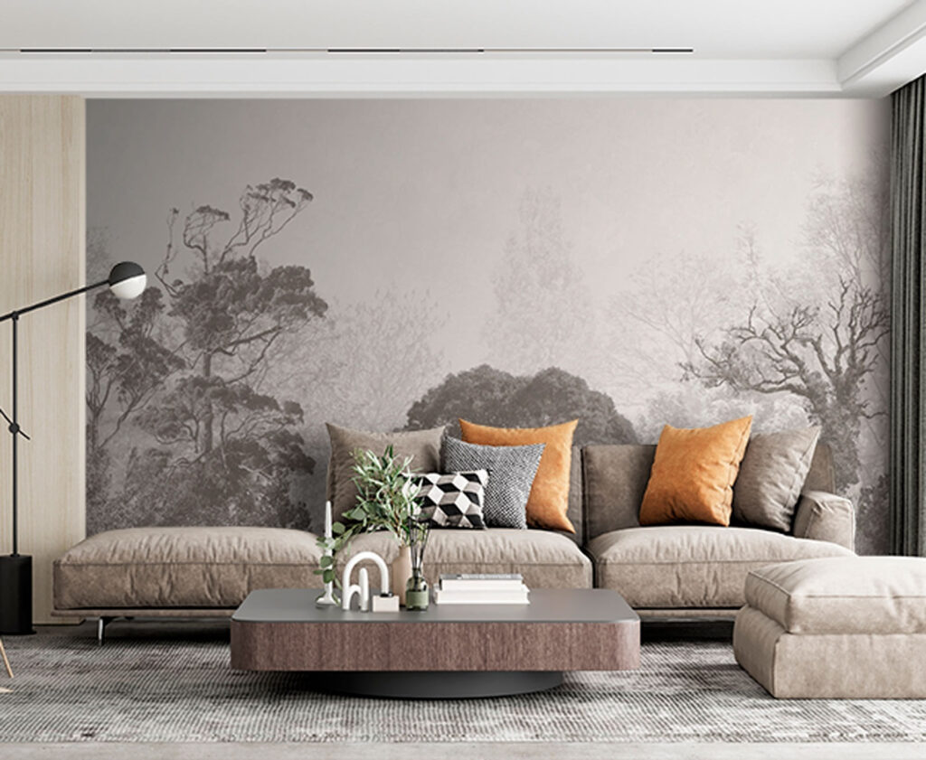 Ferne Bäume in Grau in einem Interieur