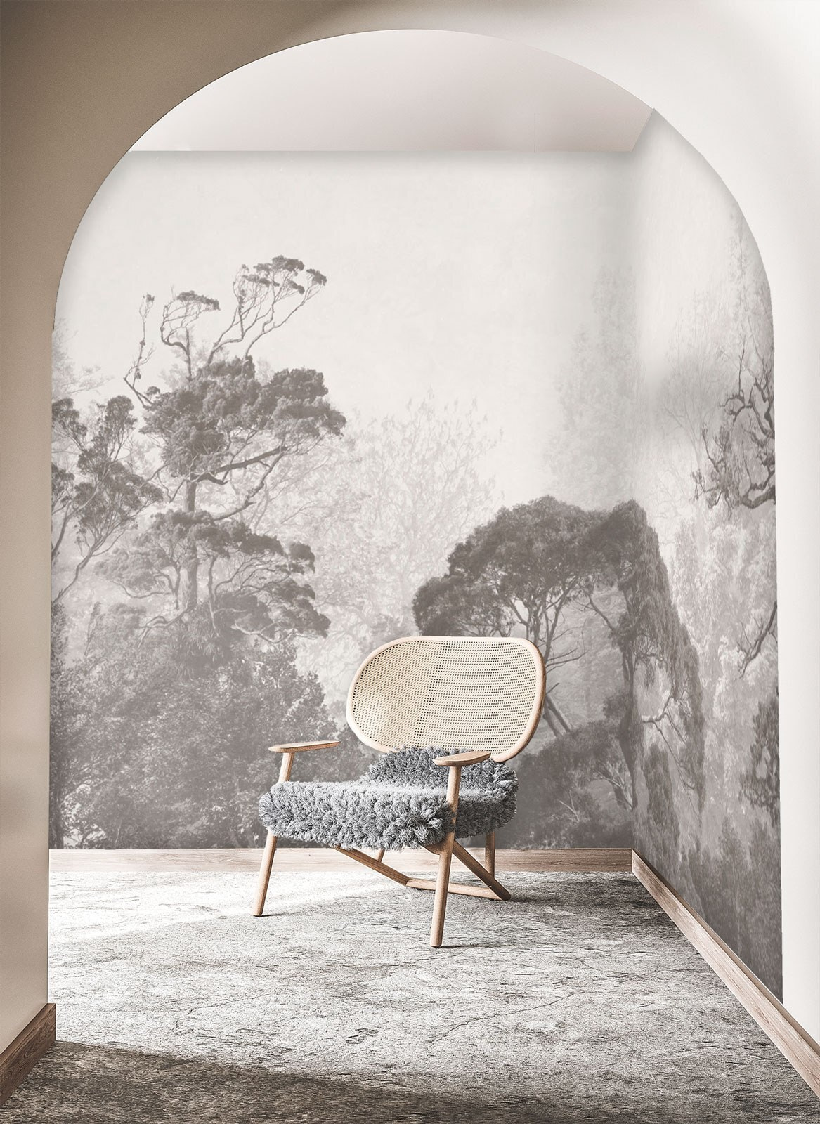 Ferne Bäume in Grau in einem Interieur