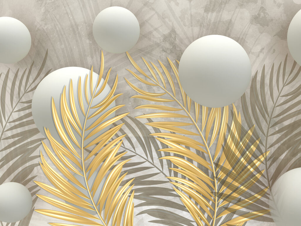 Goldene Blätter, weiße Kugeln — ganzes Design