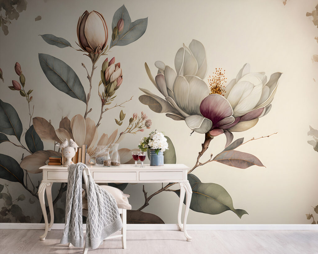 Blüten an Aquarellzweigen in einem Interieur
