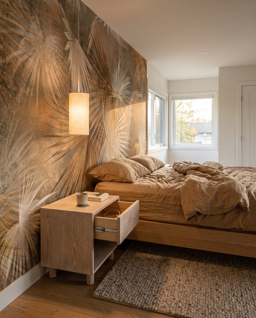 Sandfarbene Palmfächer in einem Interieur