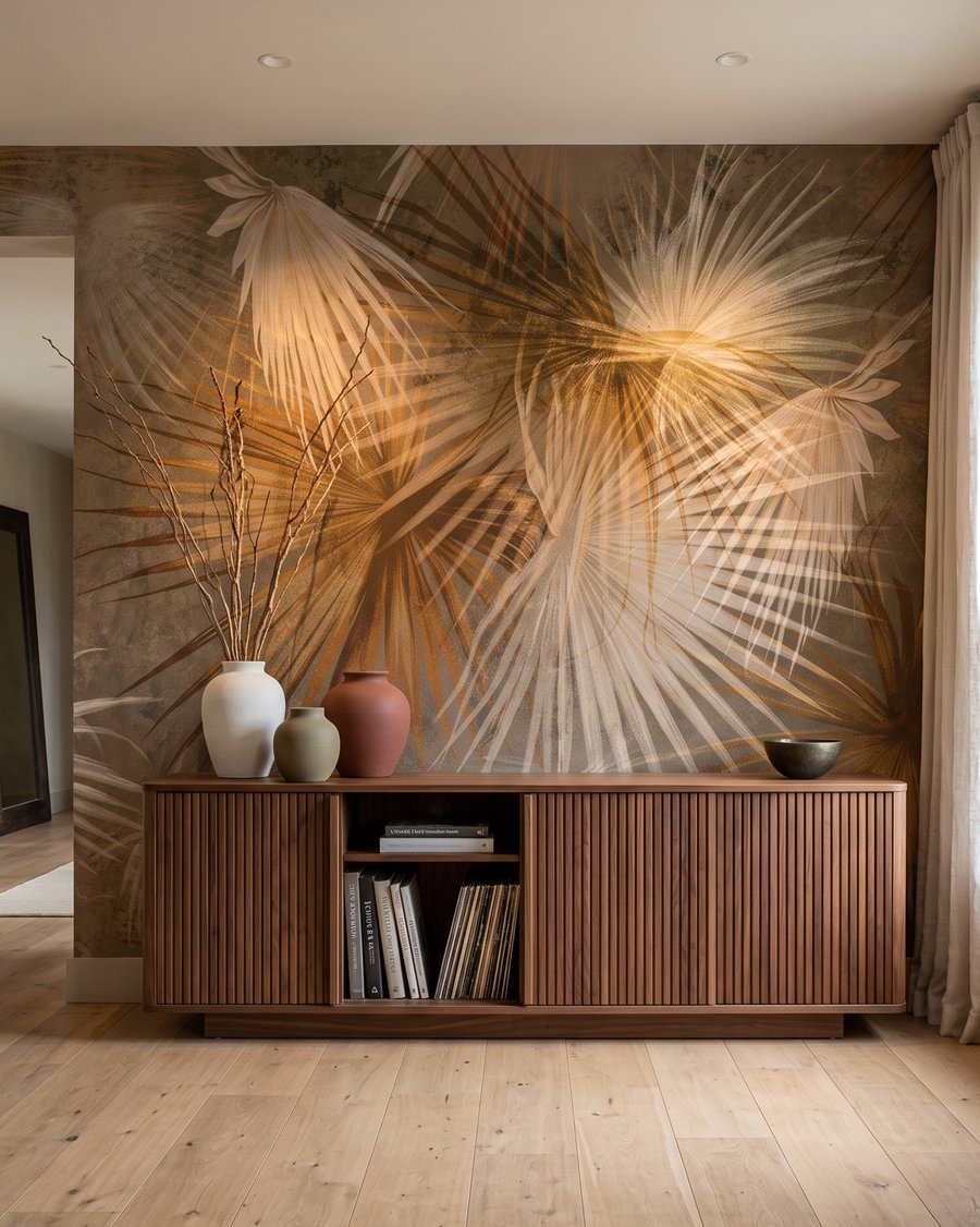 Sandfarbene Palmfächer in einem Interieur