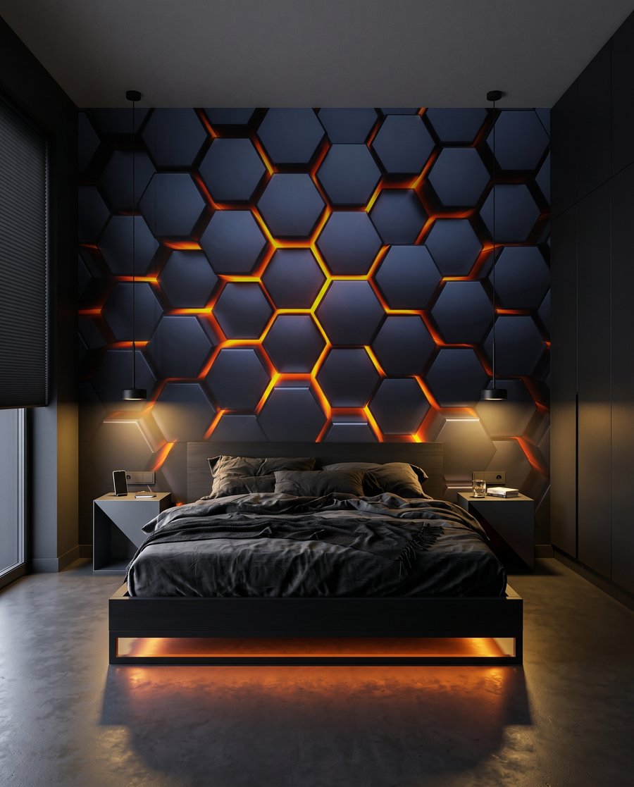 Leuchten zwischen blauen Sechsecken in einem Interieur