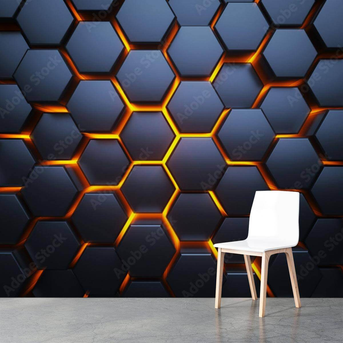 Leuchten zwischen blauen Sechsecken in einem Interieur