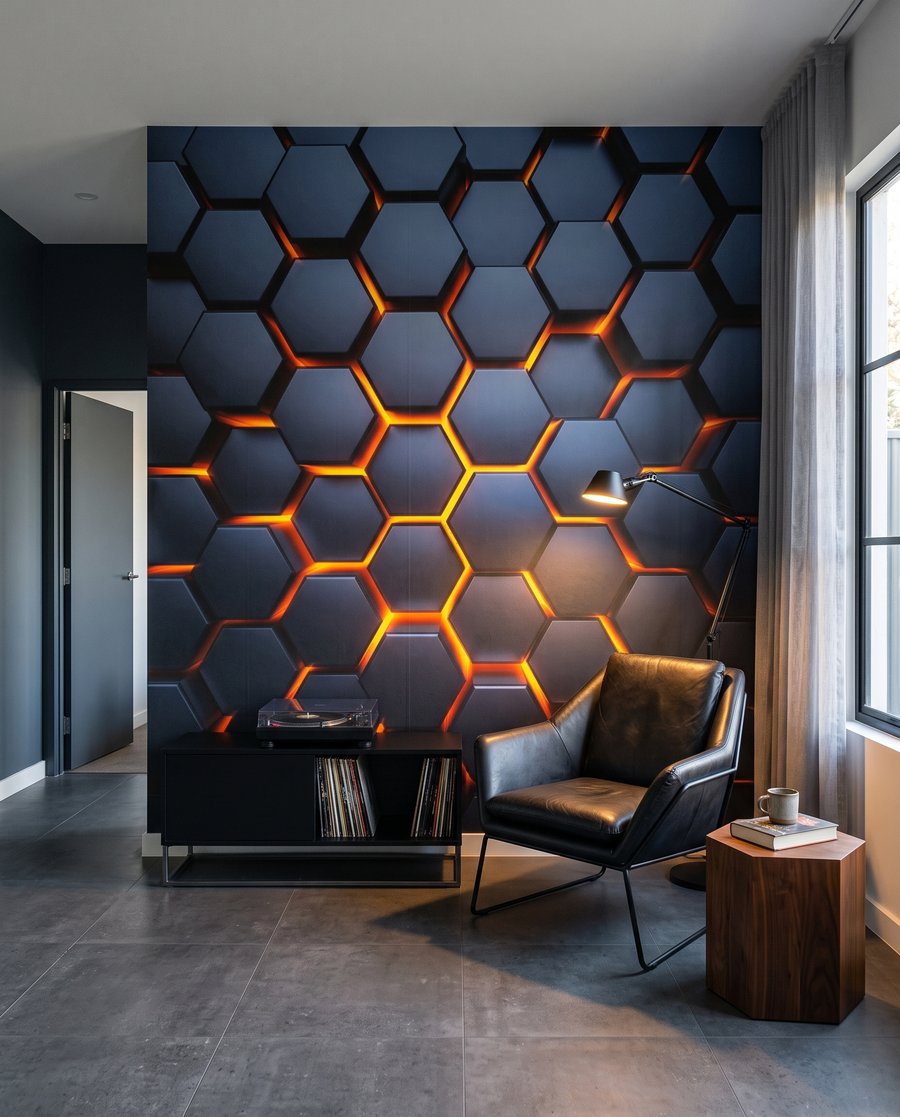 Leuchten zwischen blauen Sechsecken in einem Interieur