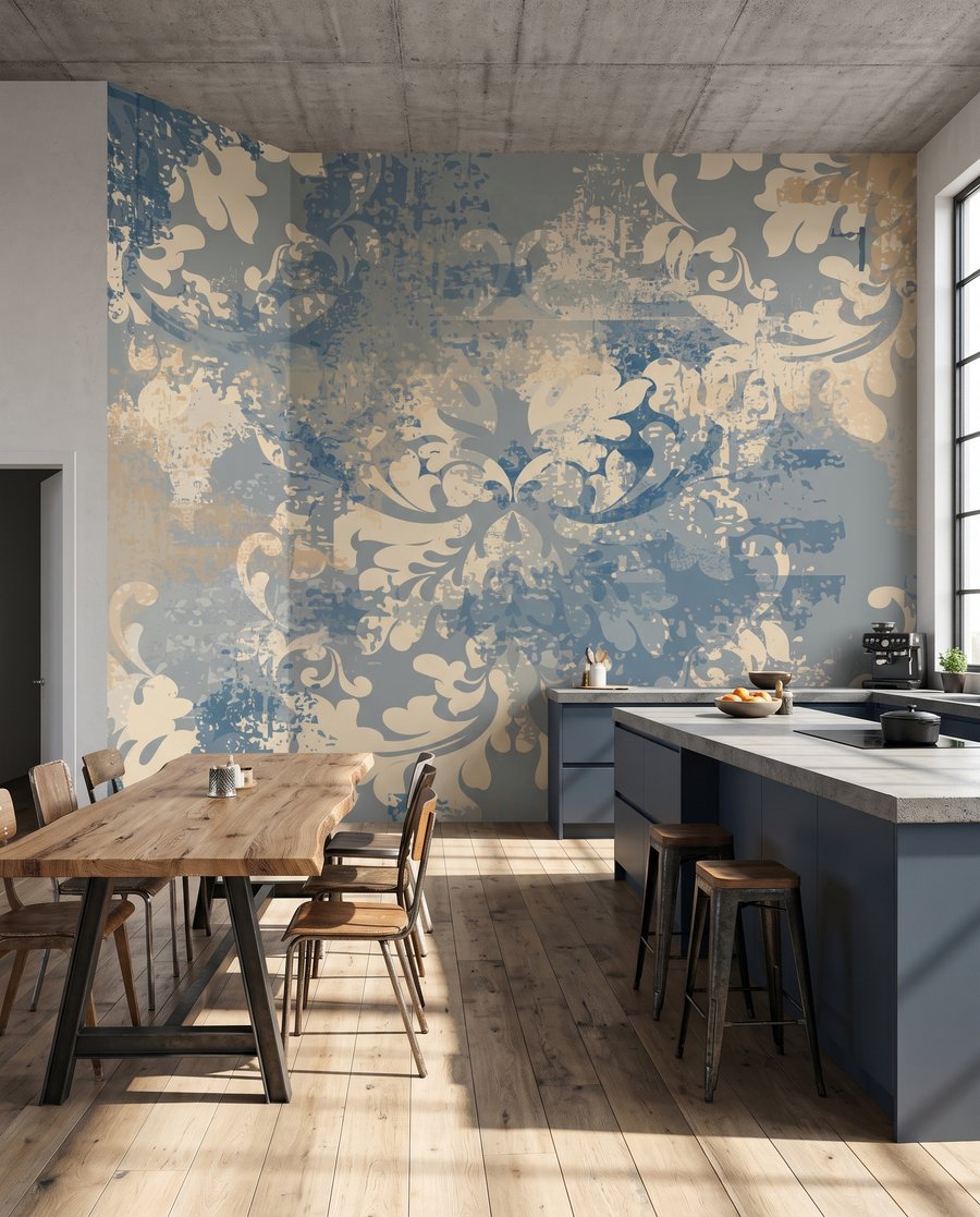 Verwitterte Ornamente auf Blaugrau in einem Interieur