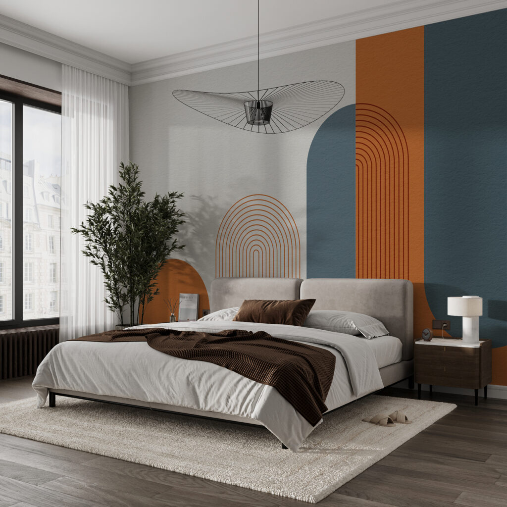 Warme Bögen neben Blau in einem Interieur