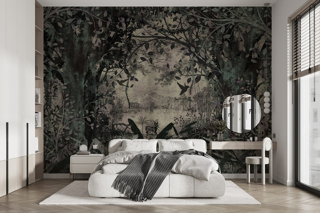 Wald in graugrünen Linien in einem Interieur
