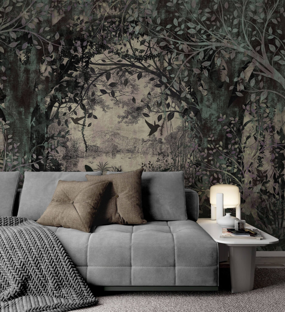 Wald in graugrünen Linien in einem Interieur