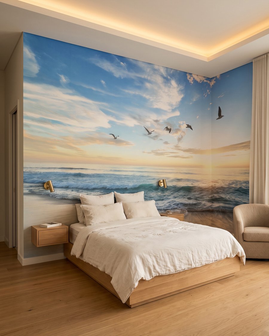 Vögel über der Abendbrandung in einem Interieur