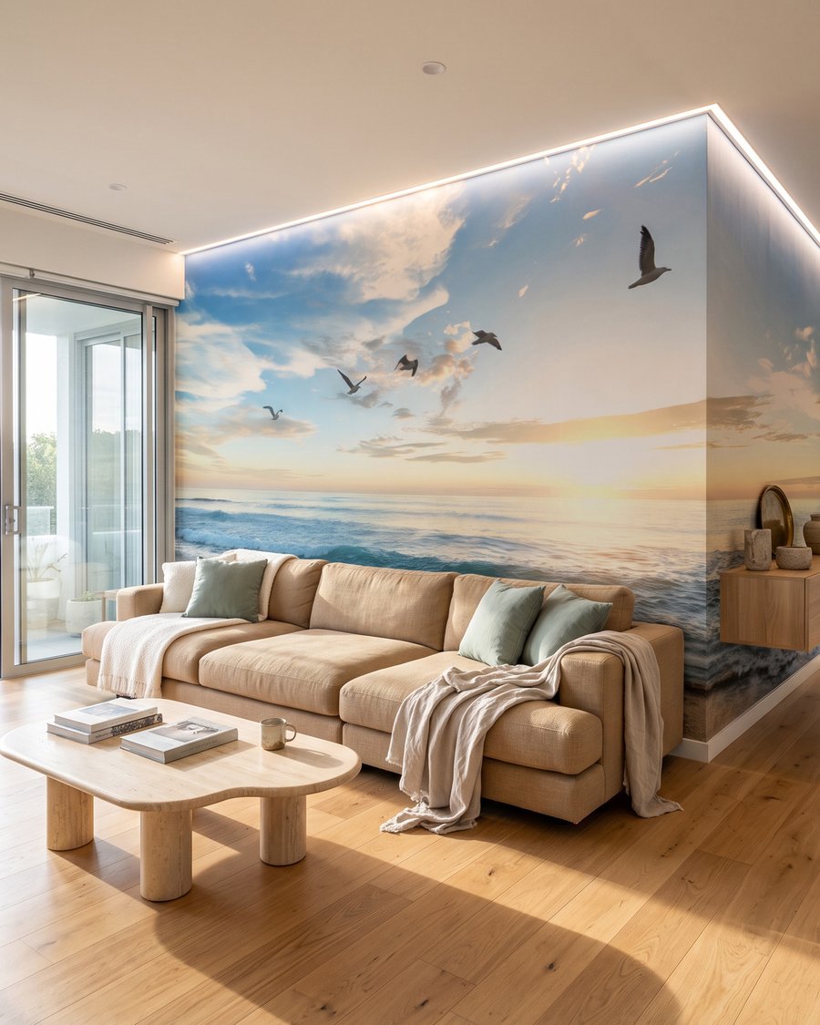 Vögel über der Abendbrandung in einem Interieur