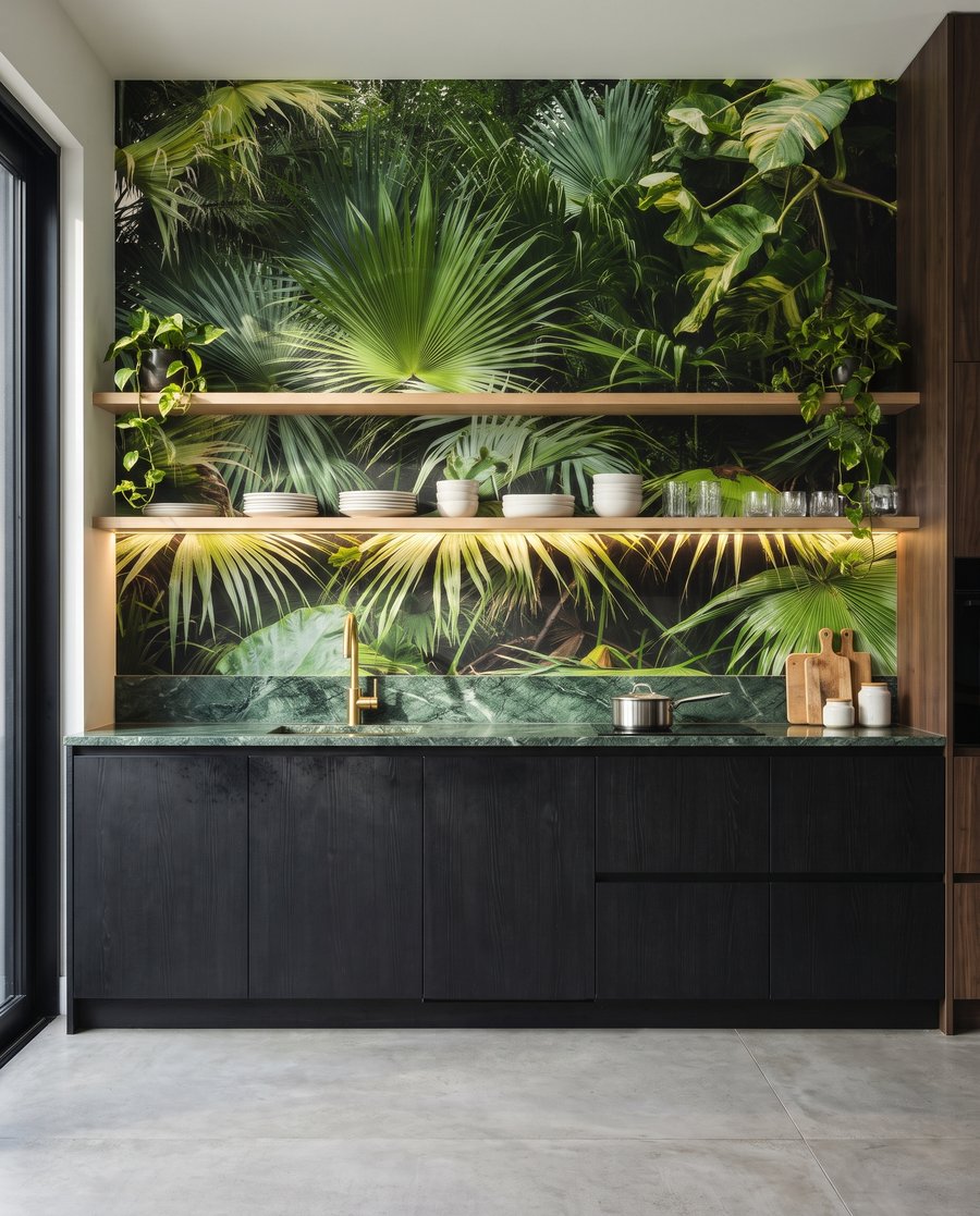 Wasserfall aus Dschungelblättern in einem Interieur
