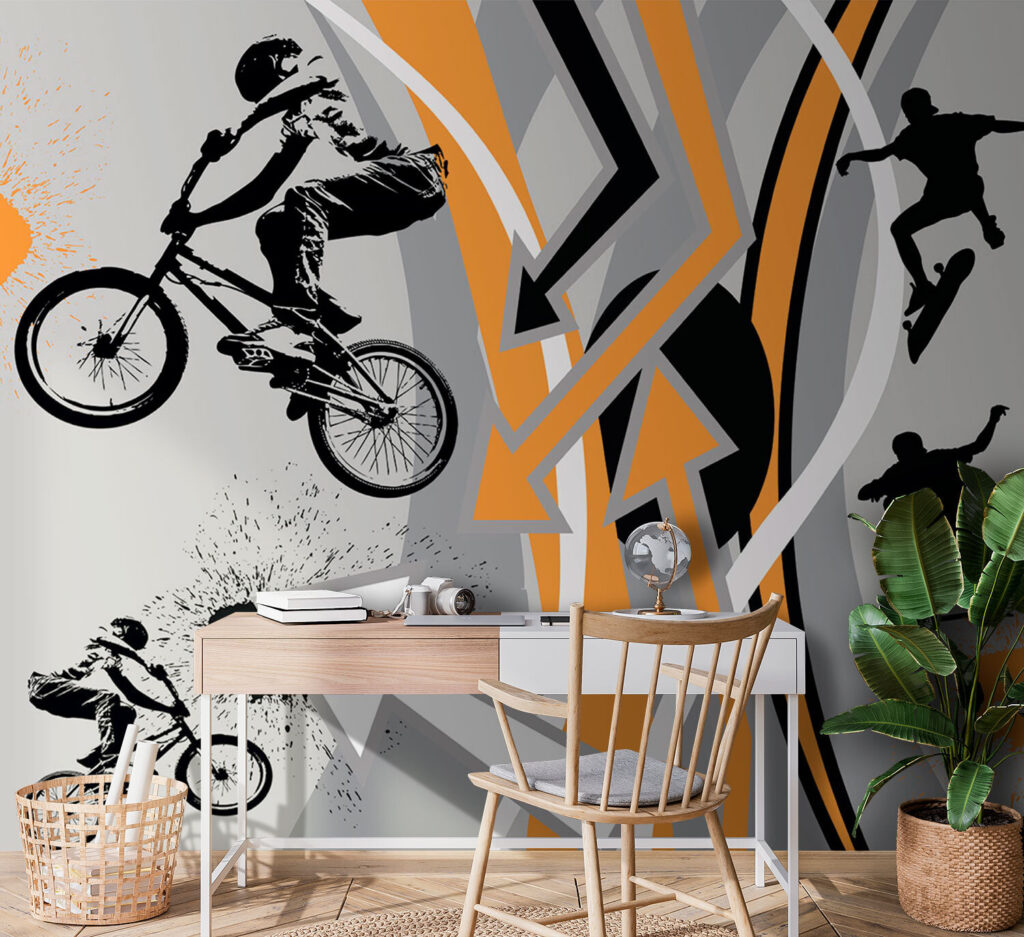 Schwung zwischen orangefarbenen Linien in einem Interieur