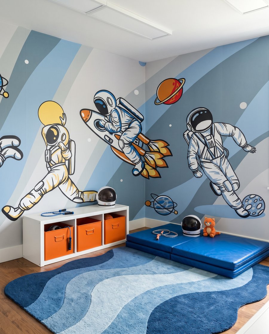 Spielende Astronauten in einem Interieur