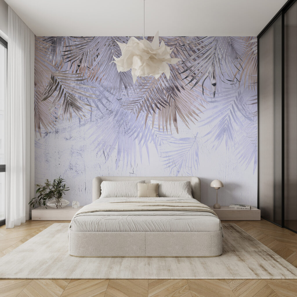 Palmwedel über verwitterten Schichten in einem Interieur