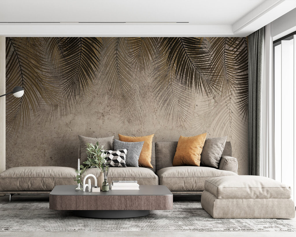 Palmen über erdbraunem Schatten in einem Interieur