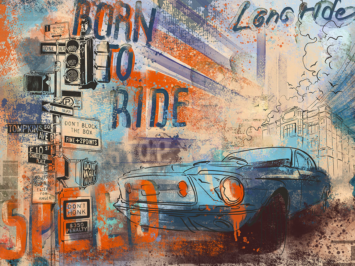 Oldtimer und Straßenschilder — ganzes Design