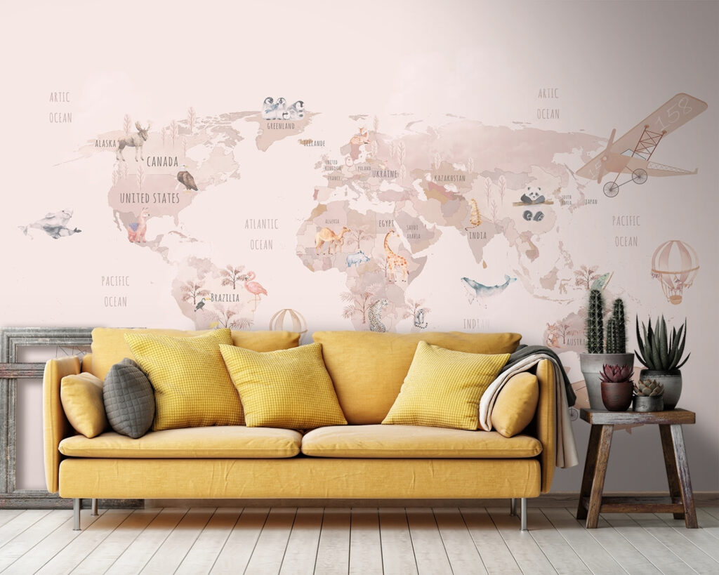 Weltkarte mit rosa Routen in einem Interieur