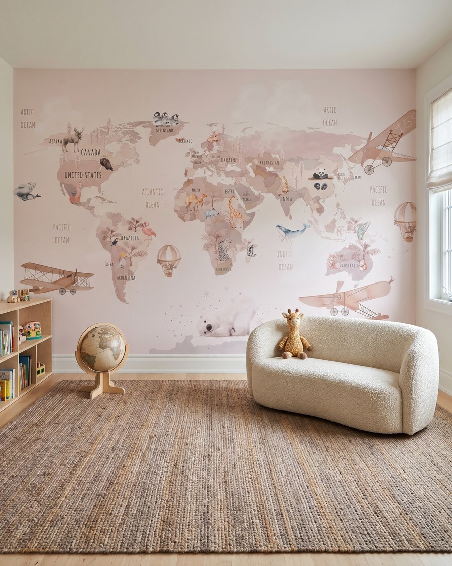 Weltkarte mit rosa Routen in einem Interieur
