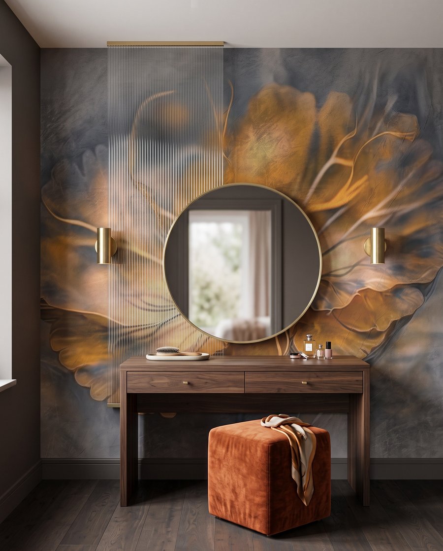 Blüte im Bernsteinlicht in einem Interieur