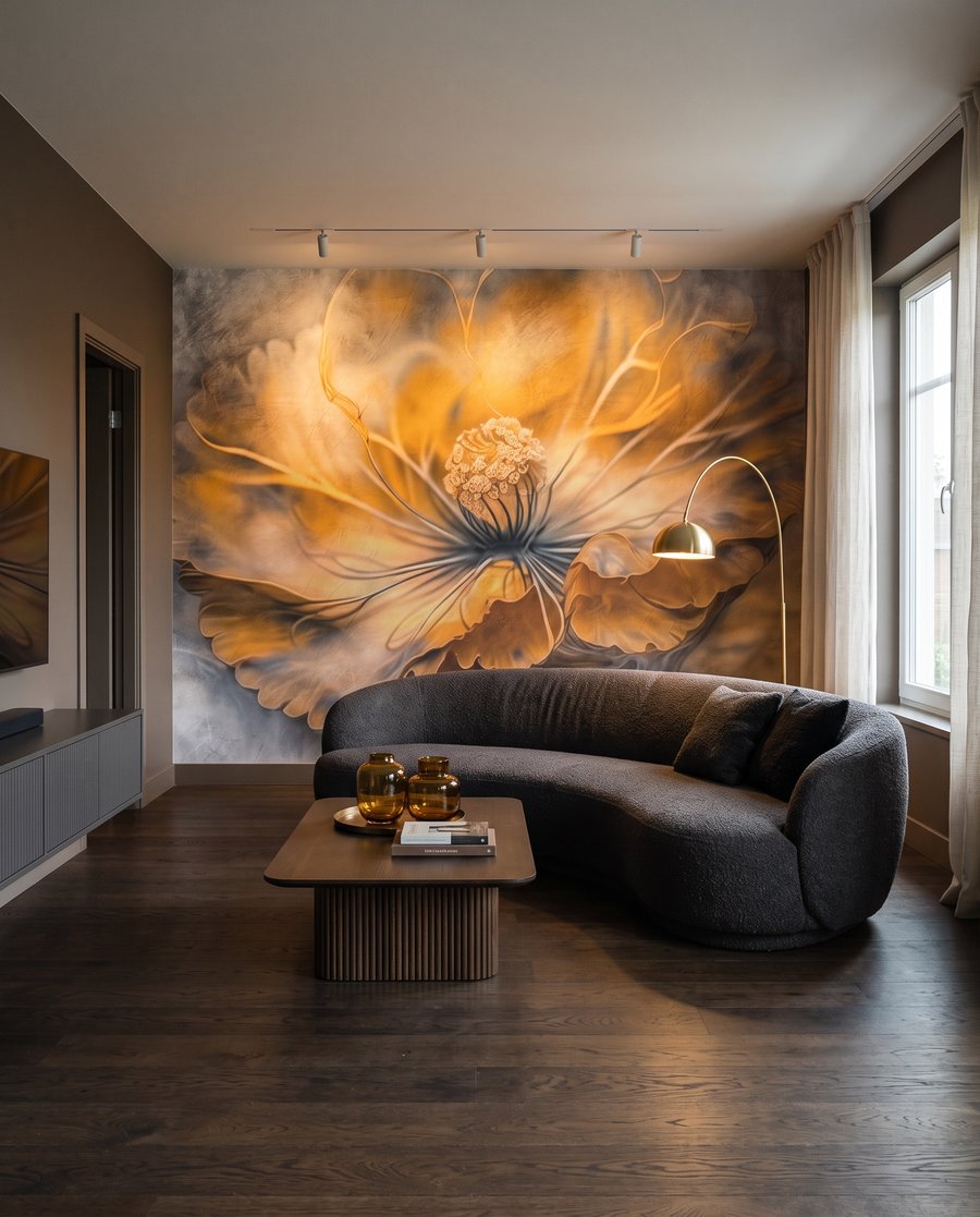 Blüte im Bernsteinlicht in einem Interieur