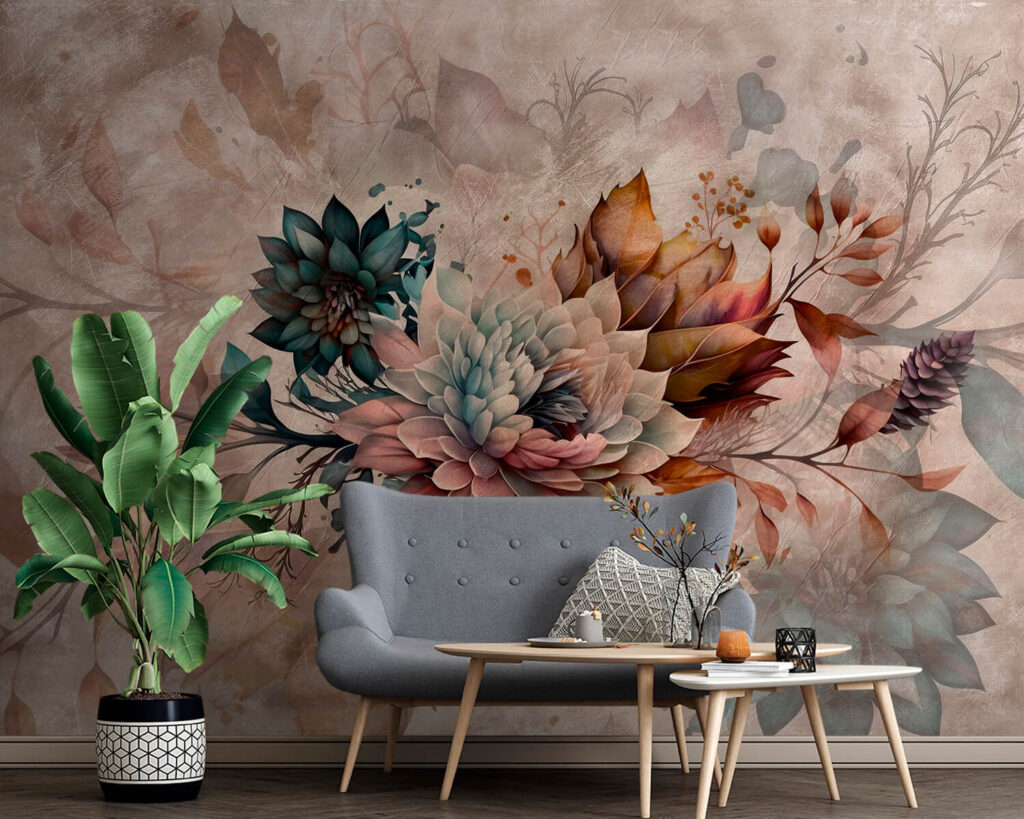 Blumen in verwitterten Pastelltönen in einem Interieur