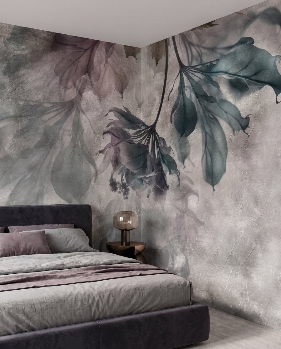 Hängende Blätter in Farbwolken in einem Interieur