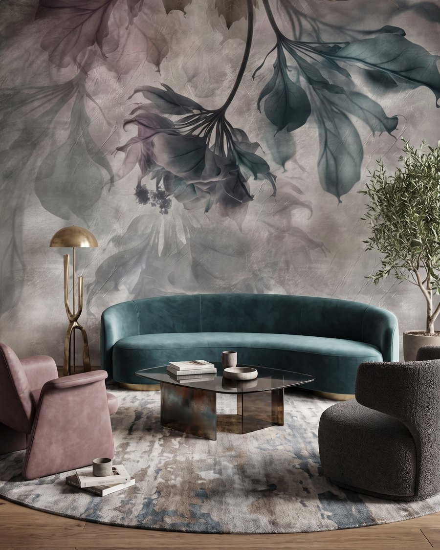 Hängende Blätter in Farbwolken in einem Interieur