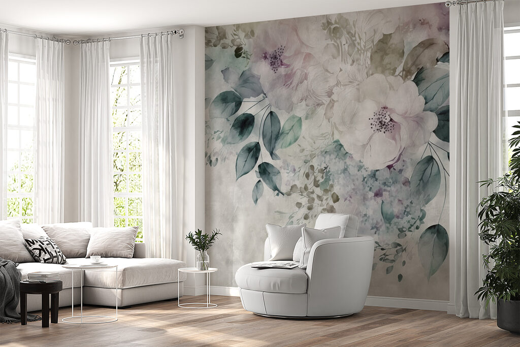 Blüten im grauen Dunst in einem Interieur