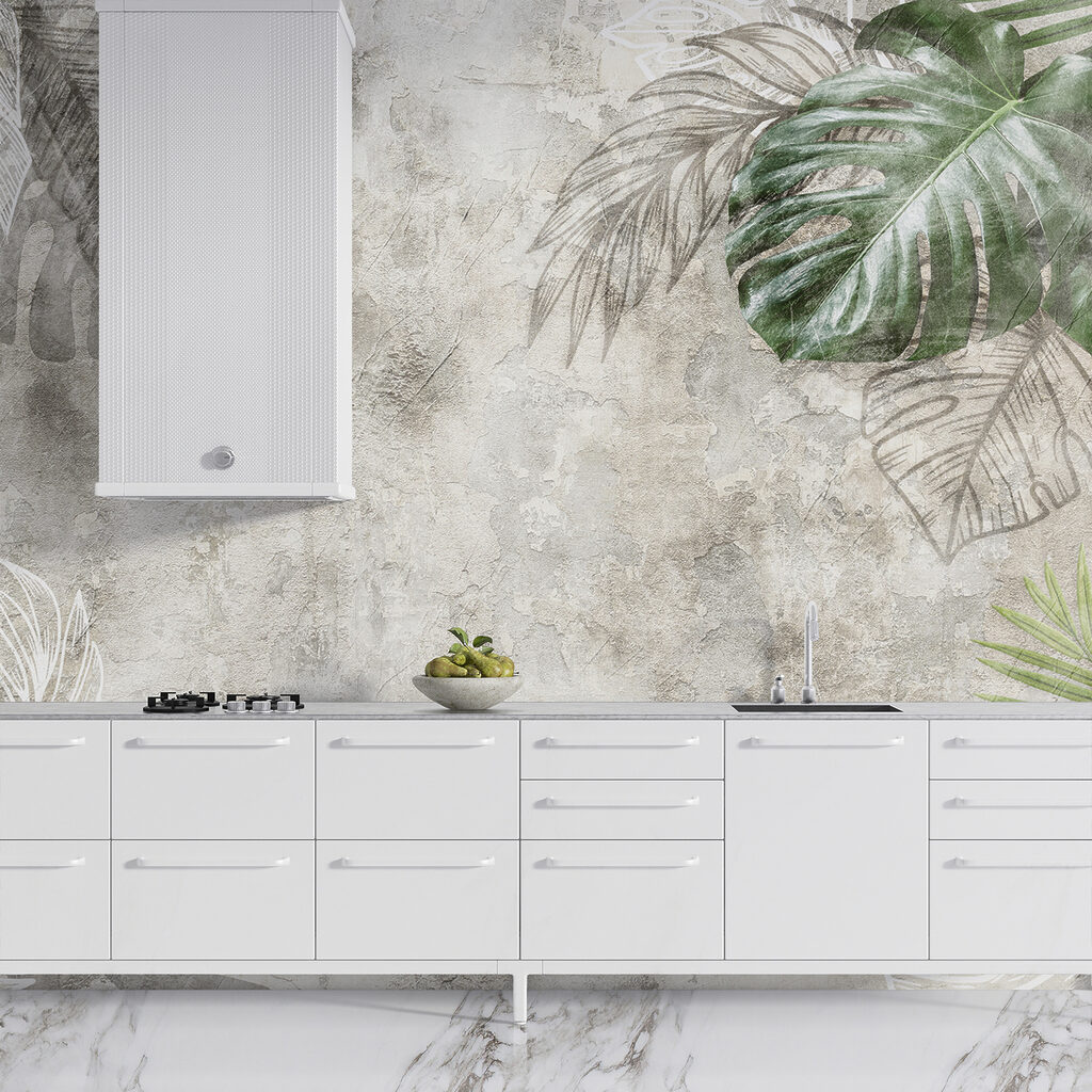 Blattkonturen auf alter Wand in einem Interieur