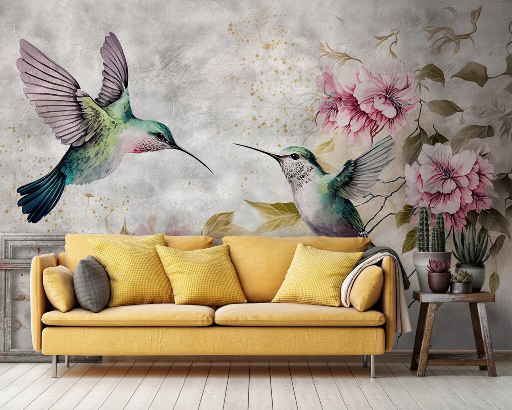 Kolibris an zarten Blüten in einem Interieur