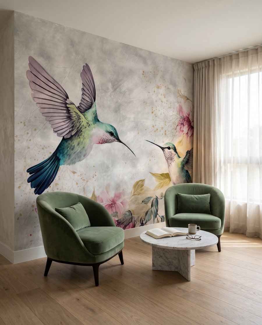 Kolibris an zarten Blüten in einem Interieur