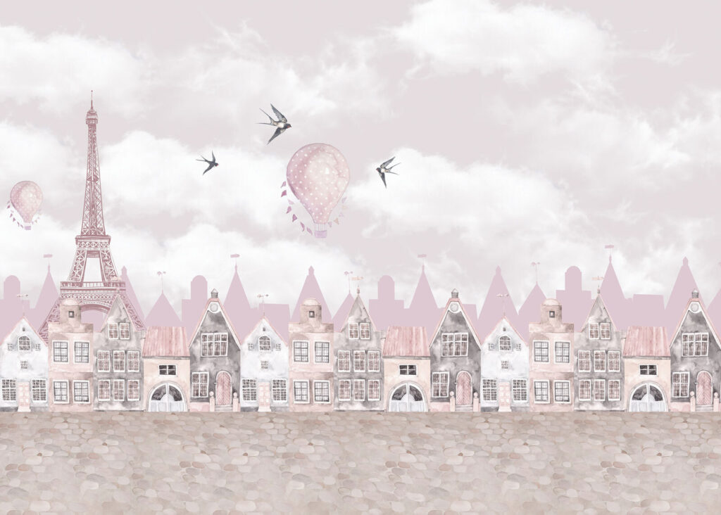 Rosa Häuser unter Wolken — ganzes Design