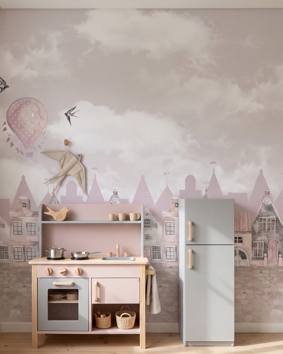 Rosa Häuser unter Wolken in einem Interieur