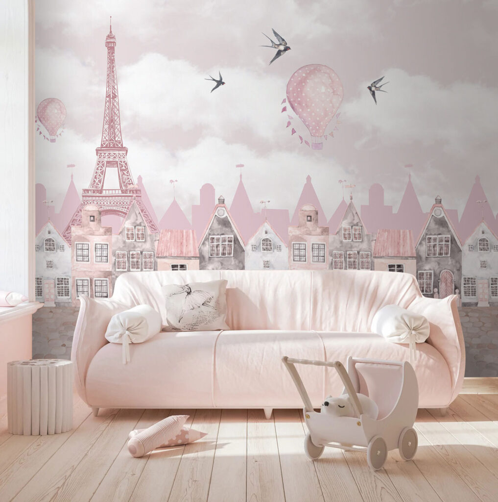 Rosa Häuser unter Wolken in einem Interieur