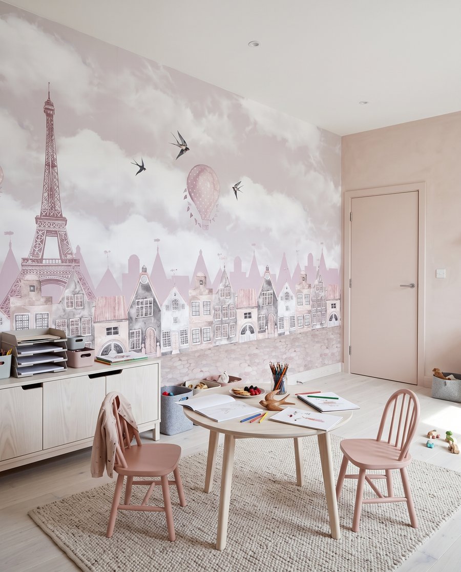Rosa Häuser unter Wolken in einem Interieur