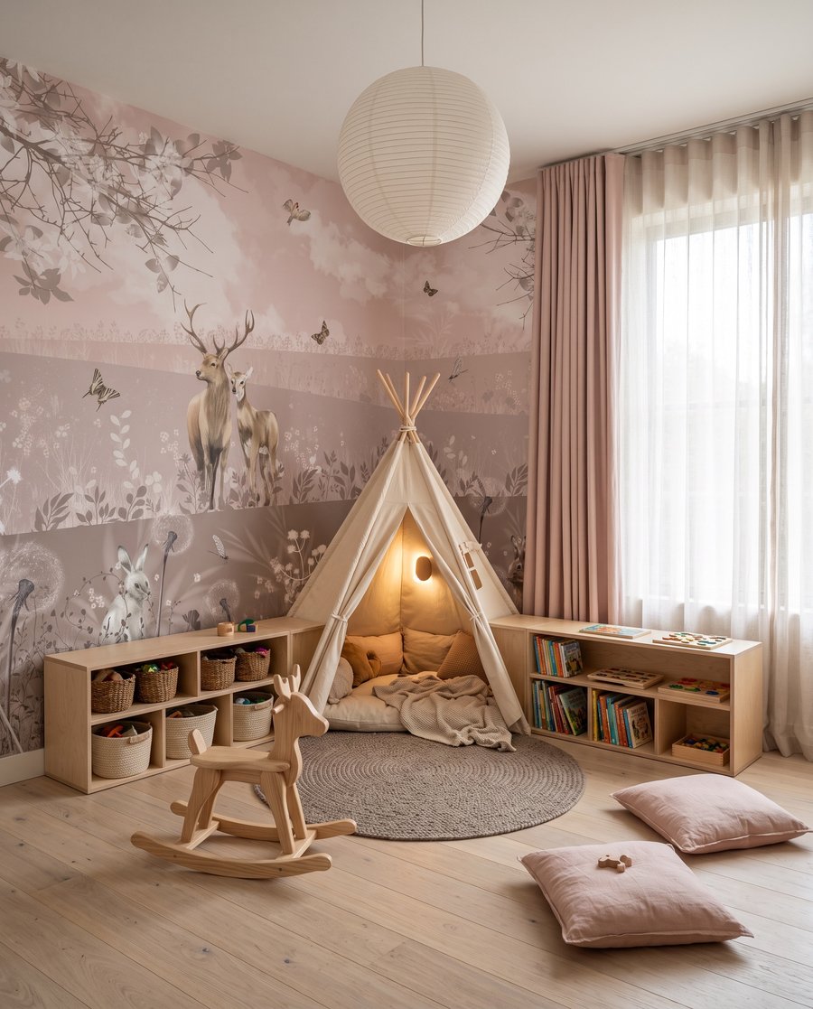 Hirsche auf rosa Wiesen in einem Interieur